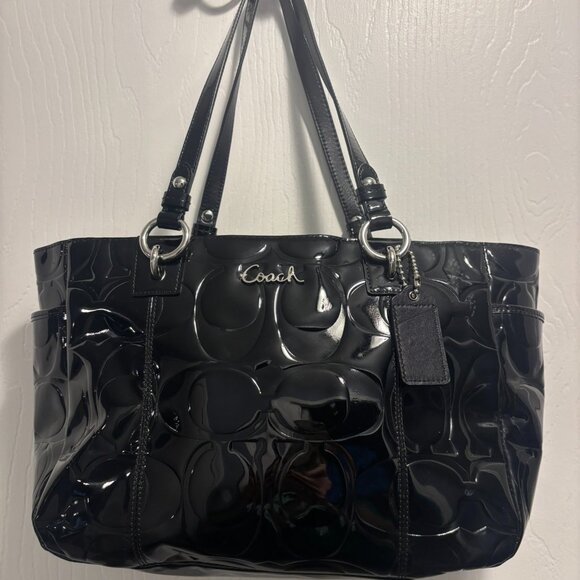 Coach F17728 Patent Leather Gallery Tote Black Embossed Signature Shoulder Bag - Picture 2 of 10